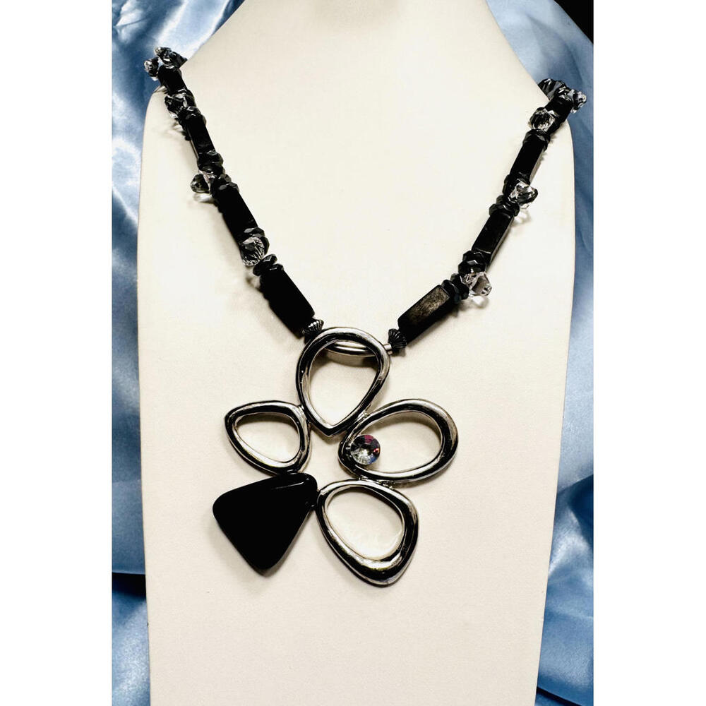 Black Rectangle, Black & Clear Czech Crystal w/ Silver Tone/Black Stone Pendant